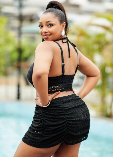 Black plus size,Plain Color plus size,ROTITA Lace Stitching High Plus Size Waisted Bikini Set