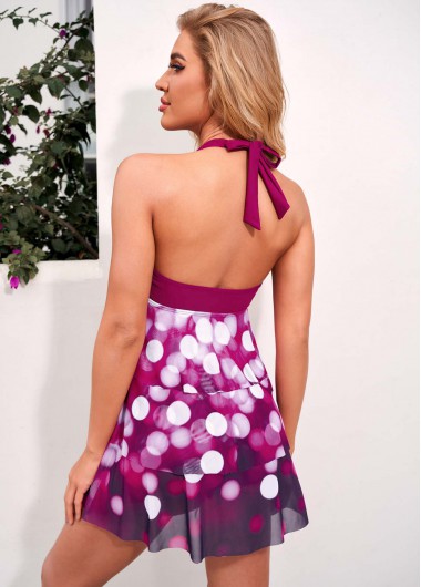 Hot Pink swimwear,Dot swimwear,ROTITA Polka Dot Layered Mesh Halter Swimdress and Panty