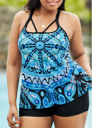 Blue plus size,Tribal plus size,ROTITA Criss Cross Back Tribal Print Plus Size Tankini Set