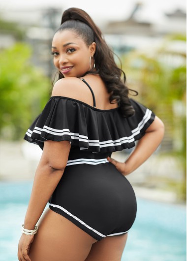 Black plus size,Contrast Color plus size,ROTITA Plus Size Flounce Contrast Stitch One Piece Swimwear