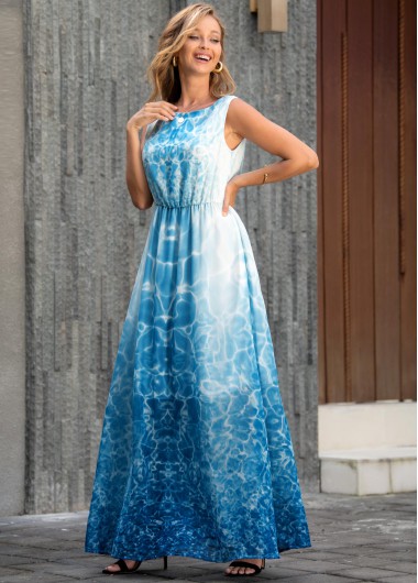Sky Blue dresses,Tie Dye dresses,Vacation dresses,Vacation dresses,ROTITA Tie Dye Print Sleeveless V Back Maxi Dress