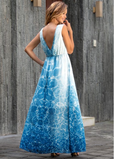 Sky Blue dresses,Tie Dye dresses,Vacation dresses,Vacation dresses,ROTITA Tie Dye Print Sleeveless V Back Maxi Dress