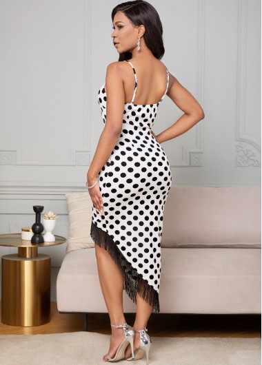 White dresses,Dot dresses,ROTITA Tassel Polka Dot Twist Front Bodycon Dress 