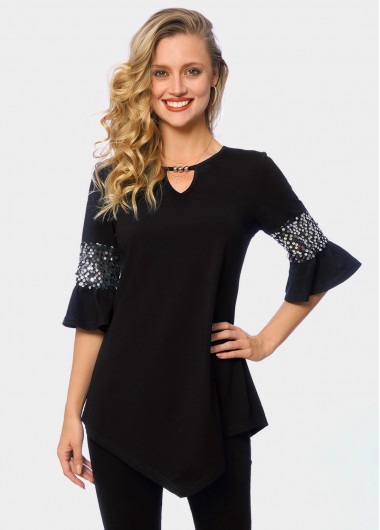 Black tops,Plain Color tops,ROTITA Asymmetric Hem Keyhole Neckline Sequin T Shirt