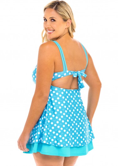 Cyan plus size,Dot plus size,ROTITA Polka Dot Plus Size Mesh Stitching Swimdress and Shorts