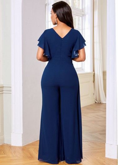 Blue jumpsuits & rompers,Plain Color jumpsuits & rompers,ROTITA Ruffle Sleeve V Neck Chiffon Overlay Jumpsuit