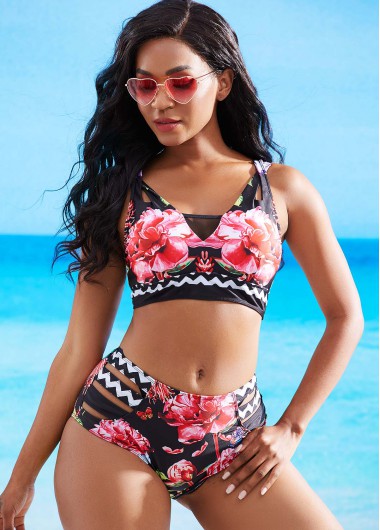 Multi Color swimwear,Floral swimwear,ROTITA Floral Print Ladder Cutout Mesh Stitching Bikini Set