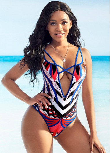 Multi Color swimwear,Tribal swimwear,Geometric swimwear,Dot swimwear,Criss Cross Multi Color Tribal Print One Piece Swimwear