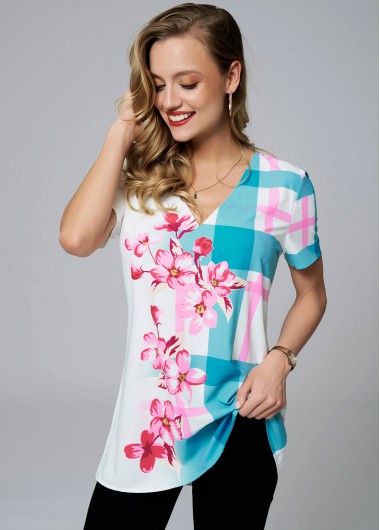 Pink tops,Floral tops,ROTITA V Neck Short Sleeve Floral Print Blouse