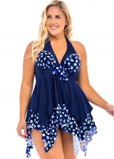 Blue plus size,Floral plus size,ROTITA Printed Plus Size Asymmetric Hem Swimdress and Panty