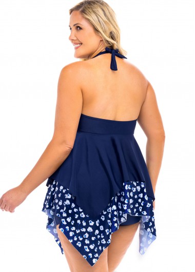 Blue plus size,Floral plus size,ROTITA Printed Plus Size Asymmetric Hem Swimdress and Panty