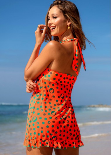 Orange swimwear,Dot swimwear,ROTITA Bowknot Polka Dot Flounce Swimdress and Shorts