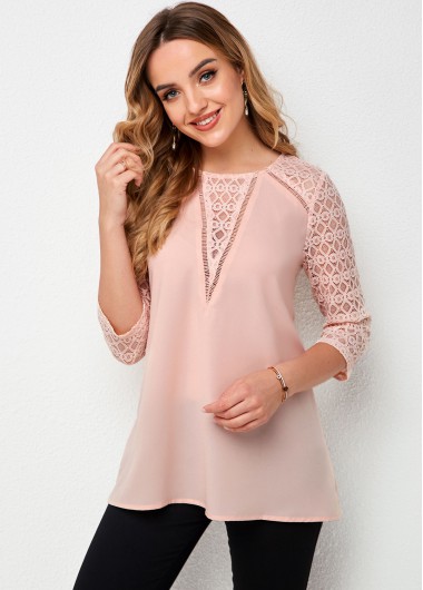 Light Pink tops,Plain Color tops,ROTITA Round Neck Lace Stitching 3/4 Sleeve T Shirt
