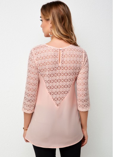 Light Pink tops,Plain Color tops,ROTITA Round Neck Lace Stitching 3/4 Sleeve T Shirt
