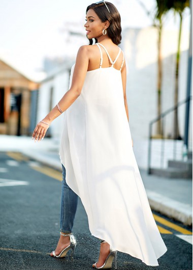 White tops,Plain Color tops,ROTITA Asymmetric Hem White Cross Strap Chiffon Camisole Top