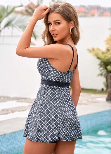 Grey swimwear,Geometric swimwear,Spaghetti Strap Geometric Print Tankini Set