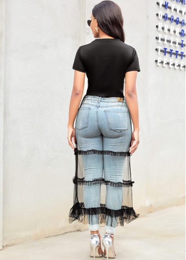 Black tops,Letter tops,Letter Print Mesh Stitching Round Neck T Shirt