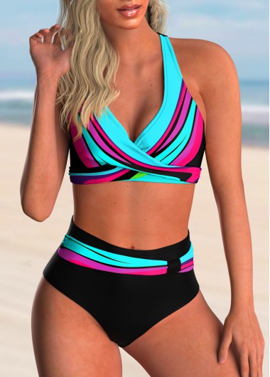 Cyan swimwear,Dazzle Colorful swimwear,ROTITA Colorful Printed Cross Front High Waisted Bikini Set