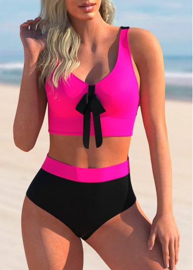 Hot Pink swimwear,Contrast Color swimwear,ROTITA Bowknot Criss Cross Back Printed Bikini Set
