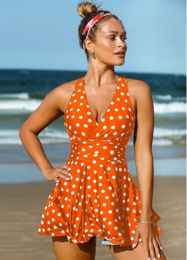 Orange swimwear,Dot swimwear,ROTITA Criss Cross Back Polka Dot Swimdress and Shorts	
