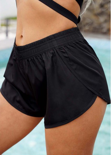 Black swimwear,Plain Color swimwear,ROTITA Solid Mid Waist Dolphin Hem Shorts