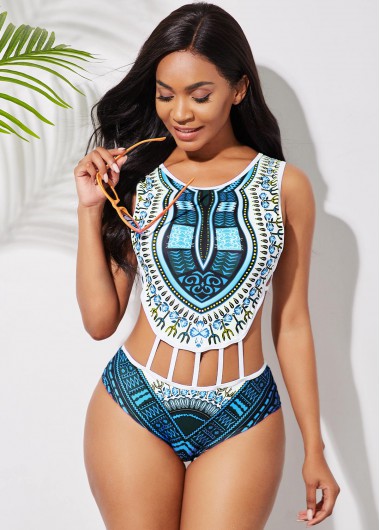 Peacock Blue swimwear,Tribal swimwear,ROTITA Cutout Waist Dashiki Print One Piece Swimwear