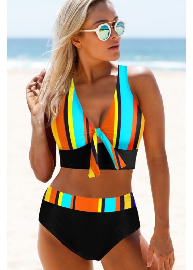 Multi Color swimwear,Rainbow Color swimwear,Striped swimwear,ROTITA Criss Cross Back Rainbow Stripe Bikini Set