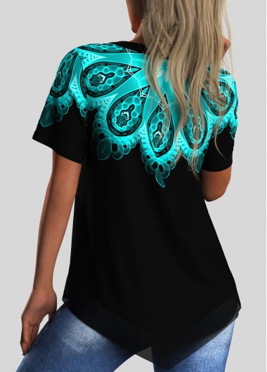 Cyan tops,Tribal tops,ROTITA Split Neck Asymmetric Hem Tribal Print Blouse