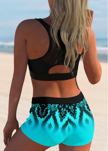 Cyan swimwear,Tribal swimwear,ROTITA Mesh Stitching Tribal Print Bikini Set