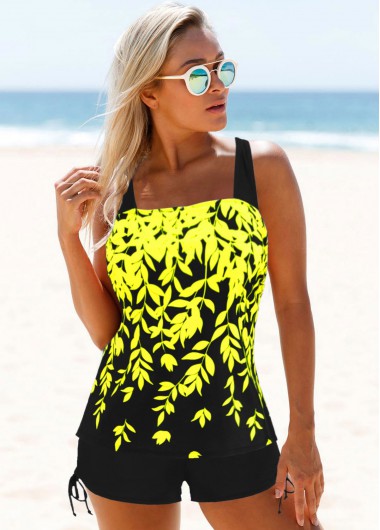 Yellow swimwear,Plants swimwear,Drawstring Side Wide Strap Printed Tankini Set