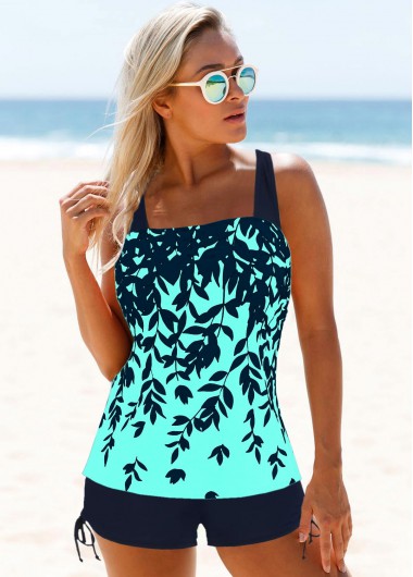 Floral swimwear,Drawstring Side Wide Strap Printed Tankini Set