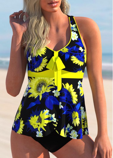 Yellow swimwear,Plants swimwear,ROTITA Floral Print Cross Strap Bowknot Tankini Set