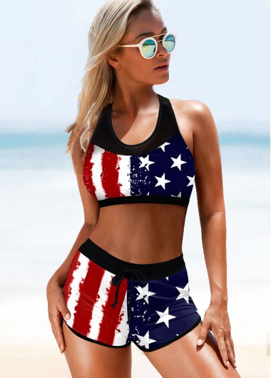 Multi Color swimwear,Flag swimwear,ROTITA High Waisted American Flag Print Bikini Set