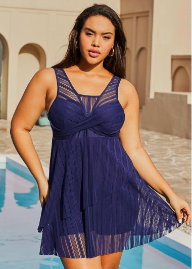 Navy plus size,Plain Color plus size,ROTITA Plus Size Crossover Hem Lace Swimdress and Shorts