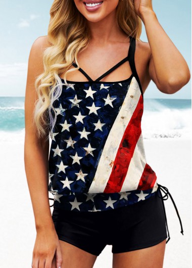 Multi Color swimwear,Flag swimwear,ROTITA American Flag Print Blouson Tankini Set