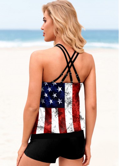 Multi Color swimwear,Flag swimwear,ROTITA Cross Strap American Flag Print Tankini Set