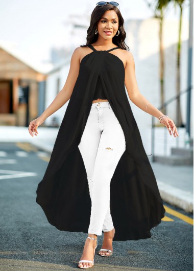 Black tops,Plain Color tops,ROTITA Spaghetti Strap Asymmetric Hem Black Camisole Top