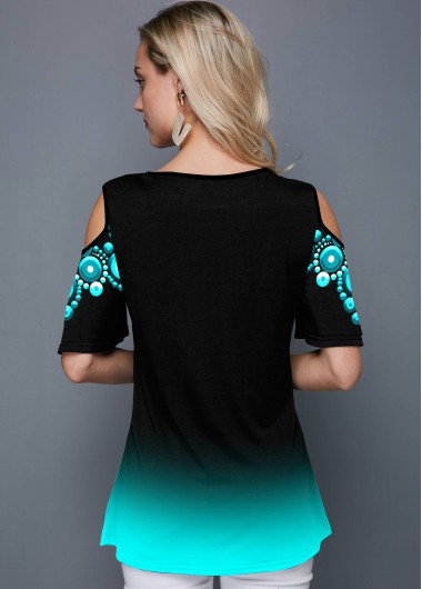 Cyan tops,Tribal tops,ROTITA Cold Shoulder Tribal Print Half Sleeve T Shirt