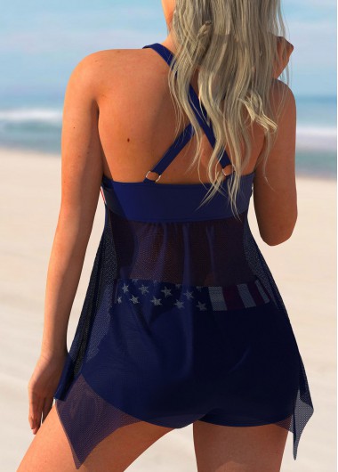 Blue swimwear,Flag swimwear,ROTITA American Flag Print Mesh Stitching Swimdress and Shorts