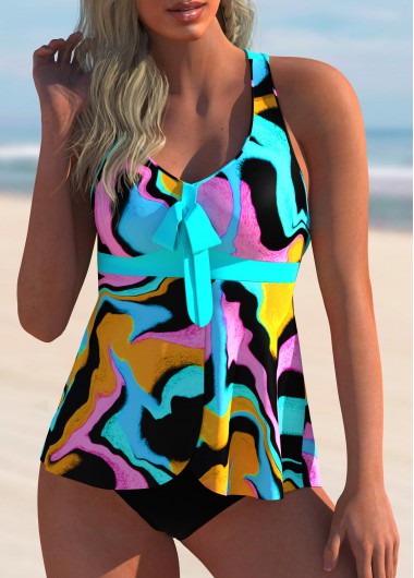 Blue swimwear,Geometric swimwear,ROTITA Bowknot Geometric Print Criss Cross Back Tankini Set 