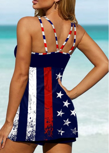 Blue swimwear,Flag swimwear,ROTITA Bowknot American Flag Print Swimdress and Shorts