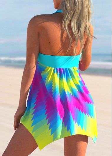 Multi Color swimwear,Rainbow Color swimwear,Geometric swimwear,ROTITA Hanky Hem Colorful Geometric Print Swimdress and Panty