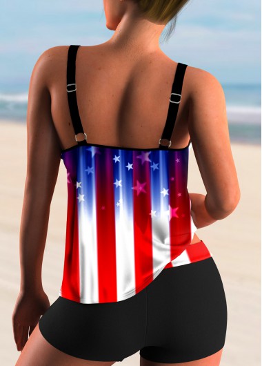 Blue swimwear,Flag swimwear,ROTITA American Flag Print Spaghetti Strap Tankini Set