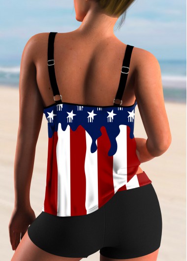 Blue swimwear,Flag swimwear,ROTITA Spaghetti Strap American Flag Print Tankini Set