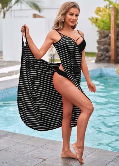 Black swimwear,Striped swimwear,Spaghetti Strap Cutout Striped Cover Up