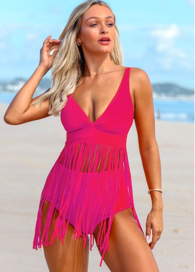 Hot Pink swimwear,Plain Color swimwear,ROTITA Solid Tassel Spaghetti Strap Swimdress and Panty