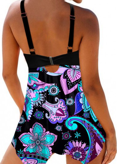 Multi Color swimwear,Paisley swimwear,ROTITA Bowknot Detail Paisley Print Swimdress and Panty
