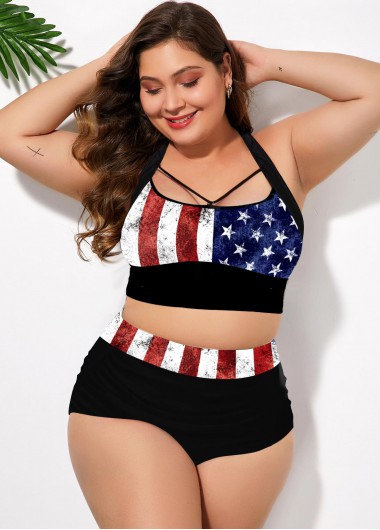 Multi Color plus size,Flag plus size,ROTITA American Flag Print Plus Size Cross Strap Bikini Set 