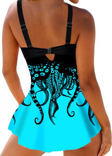 Cyan swimwear,Animal Print swimwear,ROTITA Spaghetti Strap Octopus Print Swimdress and Panty