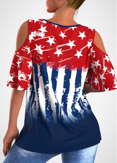Navy tops,Galaxy tops,ROTITA Cold Shoulder American Flag Print Cross Strap T Shirt